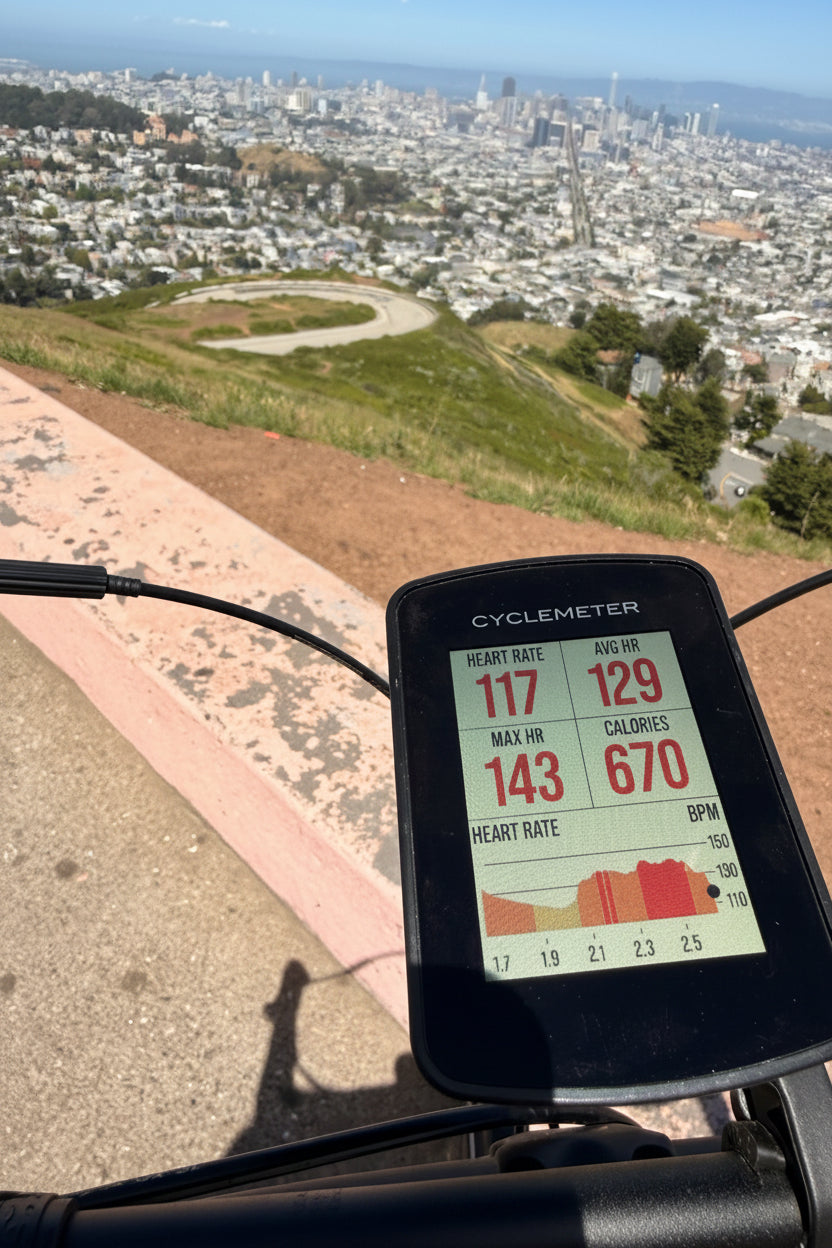 Cycling computer displaying metrics with a scenic background
